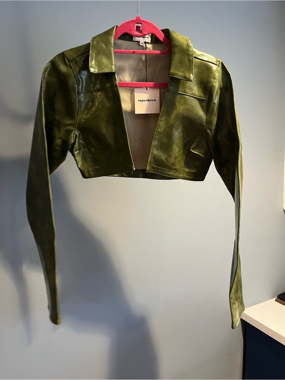 superdown Cropped Faux Leather Jacket in Olive